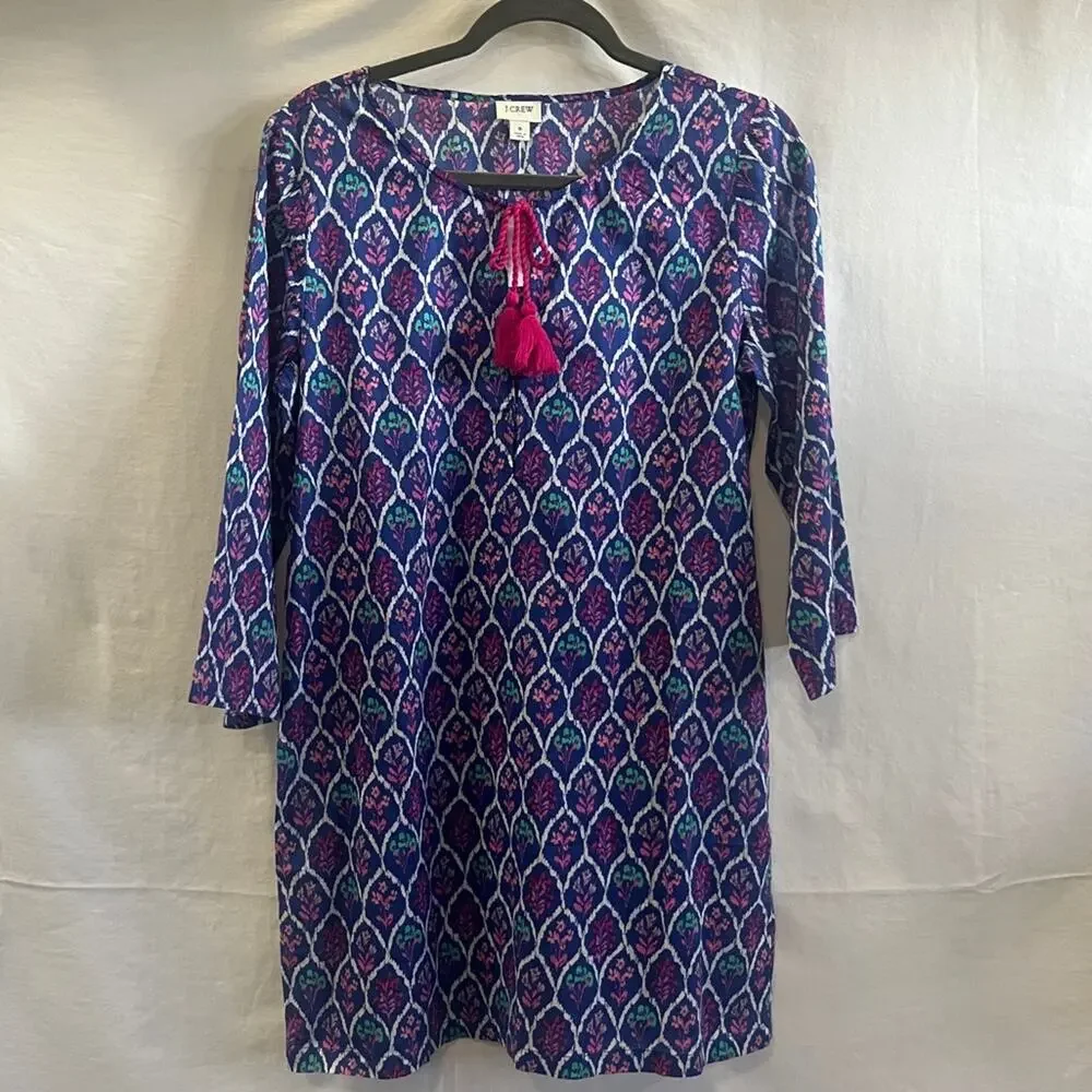 J Crew Floral Multicolor Dress Womens Size Small Tassel Neck 3/4 Sleeve Beachy